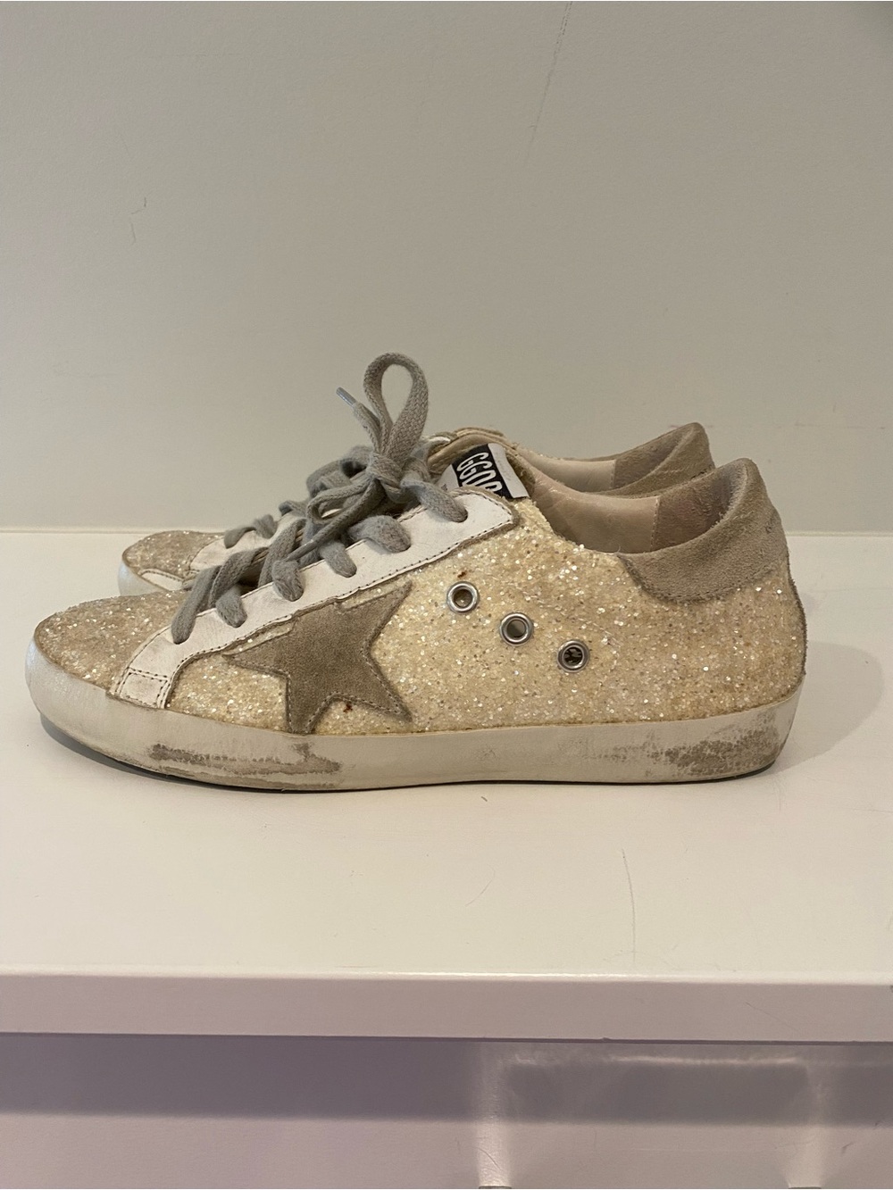 Golden Goose Superstar Glitter Sneakers - White Glitter, size 7